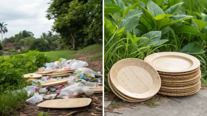 Bamboo plate next to a plastic plate with a green checkmark on bamboo