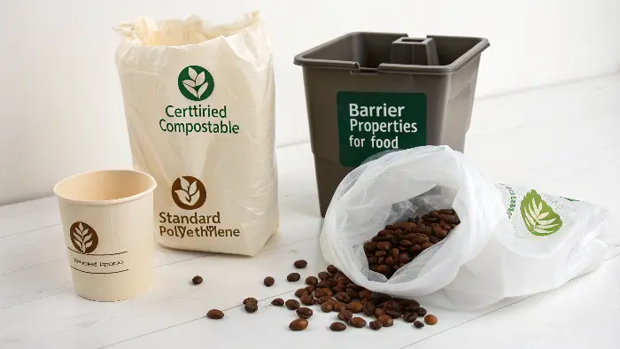 Roll of biodegradable bags next to a roll of plastic bags