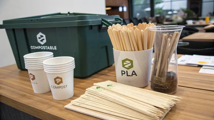Wooden coffee stirrer being added to a compost bin