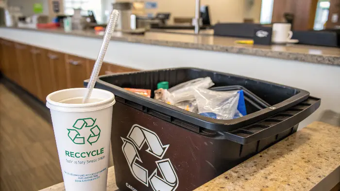 Plastic coffee stirrers in a recycling bin with a red X over them