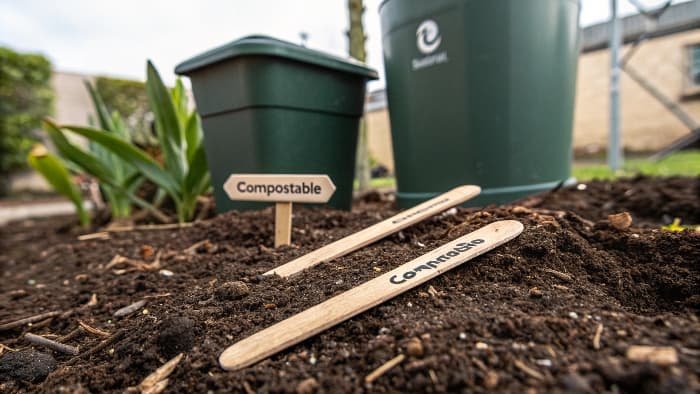 Wooden coffee stirrers in a compost bin with food scraps