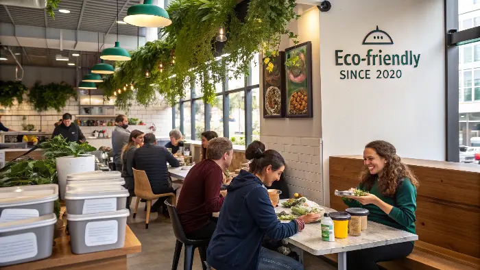 Happy customers at a cafe with visible eco-friendly signage