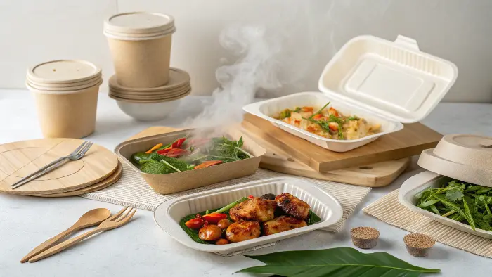 Assortment of palm leaf, CPLA, and sturdy paper tableware