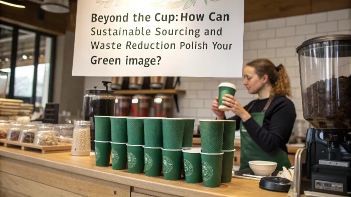 cafe interior showing clearly labeled bins for compost, recycling, and waste, with signage about sustainable coffee beans