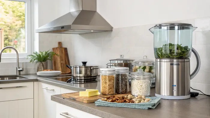 Overview of a kitchen with highlighted safe zones and products