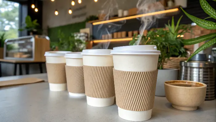 Biodegradable coffee cups and lids stack