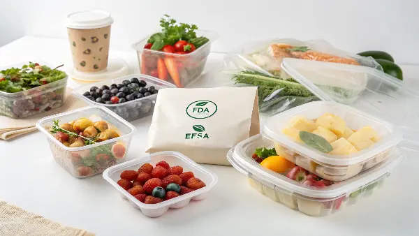 Placeholder image showing PLA food containers with food inside, perhaps with FDA/LFSA approval logos subtly visible