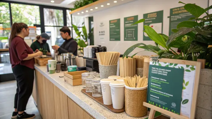 Cafe owner discussing sustainability with a supplier like Ecosourcecn