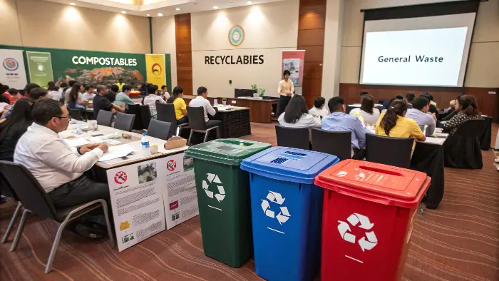 Event Waste Management System Clearly labeled waste separation bins at an event