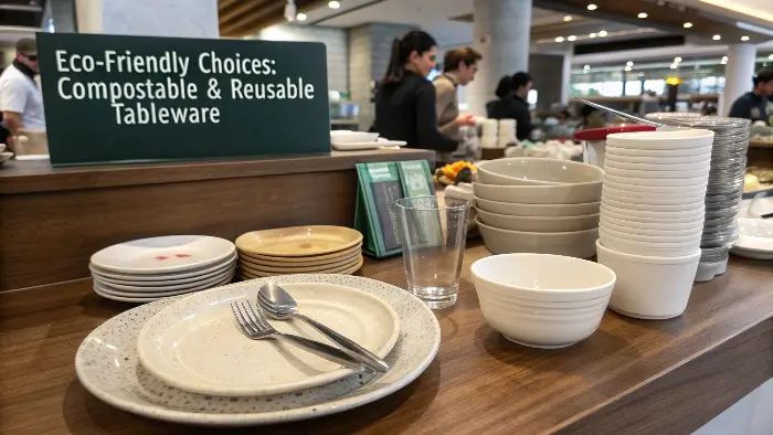 A restaurant table setting with eco-friendly reusable tableware, and a takeaway counter with compostable containers