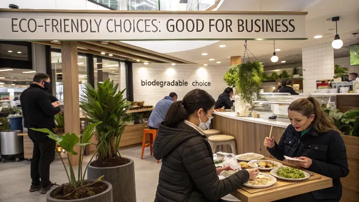 A happy customer receiving coffee in a biodegradable cup from a smiling barista