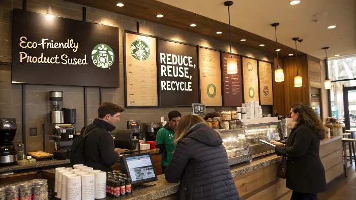 cafe staff member cheerfully explaining eco-friendly packaging to a customer