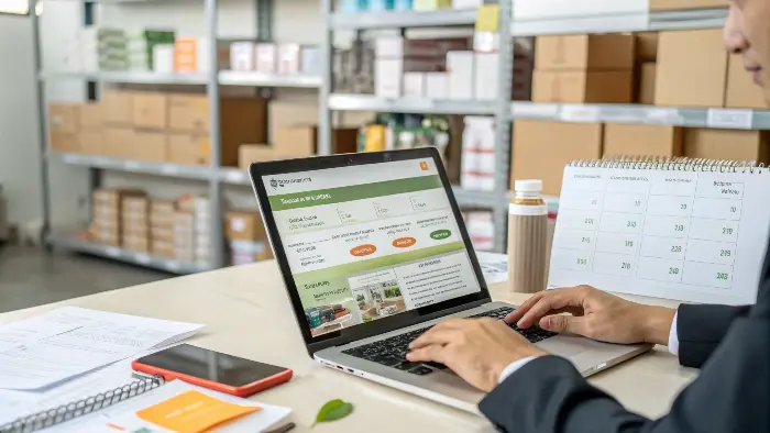 Laptop screen showing a B2B sourcing platform for eco-products