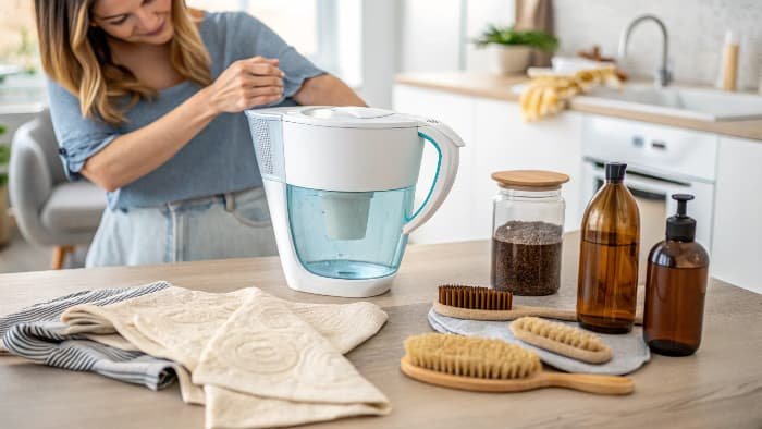 Person drinking from a glass with a water filter pitcher nearby