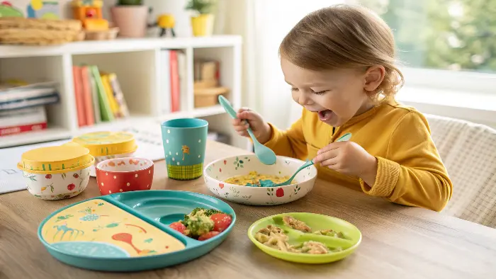 Colorful food-grade silicone baby bibs and a suction plate