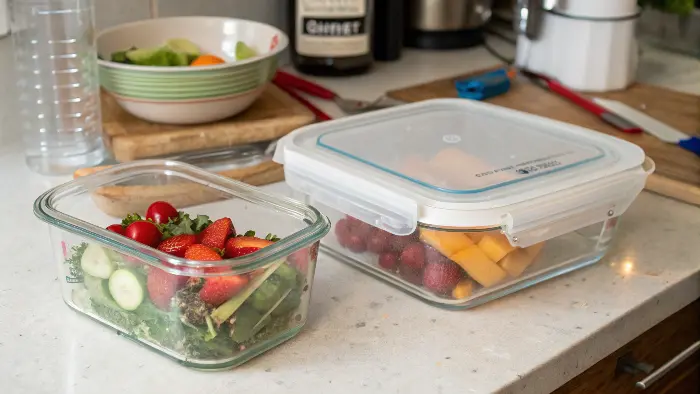 Side-by-side comparison of food stored in a glass container versus a plastic container