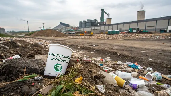 Image of a green compost bin vs. a landfill