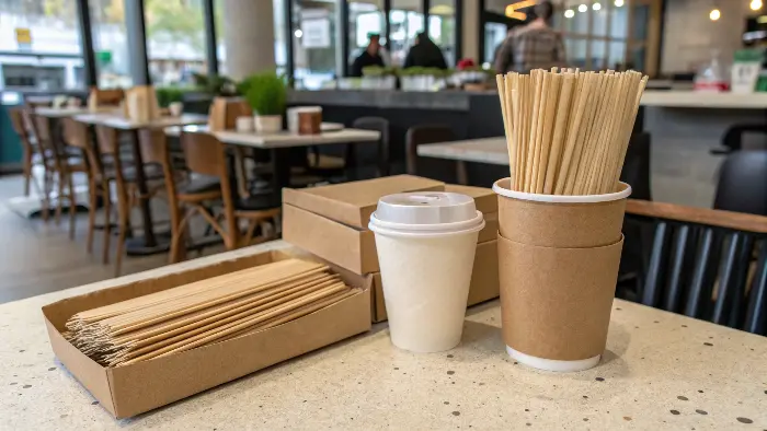 Recyclable cardboard coffee sleeves and wooden stirrers