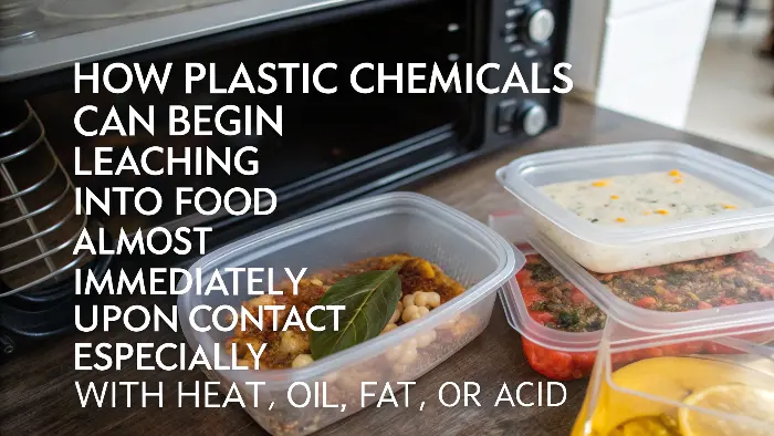Close-up of food in a plastic container, implying leaching