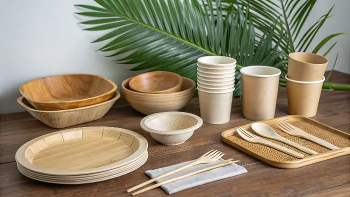 A collection of tableware made from bamboo, palm leaf, bagasse, wheat straw, and stainless steel
