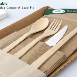 PLA Compostable Cutlery Set | Knife, Fork, Spoon with Napkin in Paper Wrapper