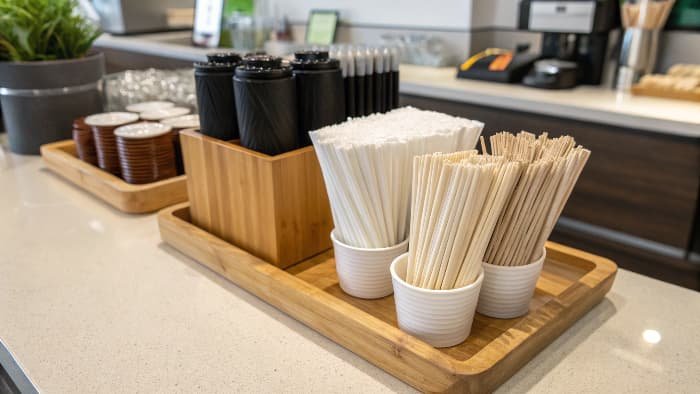 Cafe owner smiling, holding a coffee with a PLA stirrer, happy customers in background
