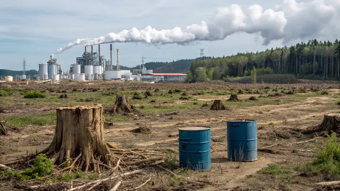 Stacks of paper logs at a mill