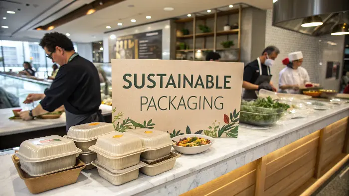 Happy customer receiving food in eco-friendly packaging