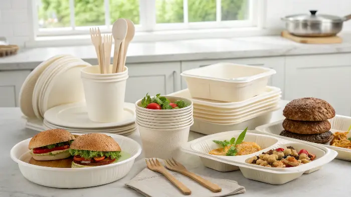 Eco-Friendly Tableware Options Assortment of bagasse, bamboo, and PLA tableware