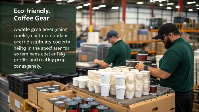 large shipment of eco-friendly coffee supplies in a warehouse