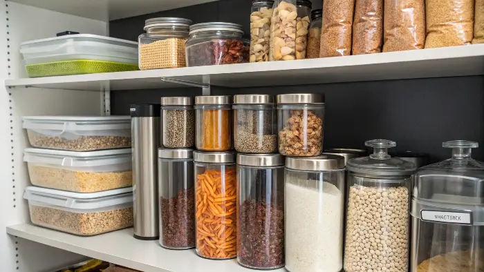 Neatly organized pantry with food stored in large glass jars and stainless steel containers