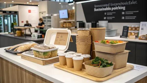 Placeholder image showing diverse future food packaging: refill station, smart label, minimalist design, compostable container