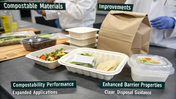 Examples of advanced compostable packaging - film, rigid container