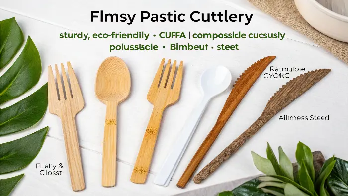 A set of bamboo cutlery next to a set of CPLA cutlery and a stainless steel fork