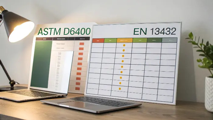 Infographic comparing key points of ASTM D6400 and EN 13432