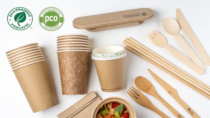 CPLA cutlery, wooden stirrers, and paper coffee cups with lids