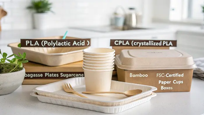 various sustainable foodservice materials like PLA, bagasse, bamboo