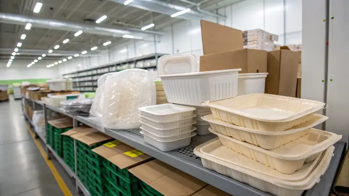 rolls of compostable film and bagasse containers