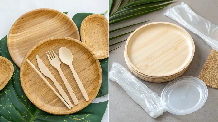 A full place setting with bamboo plates, bowls, and utensils
