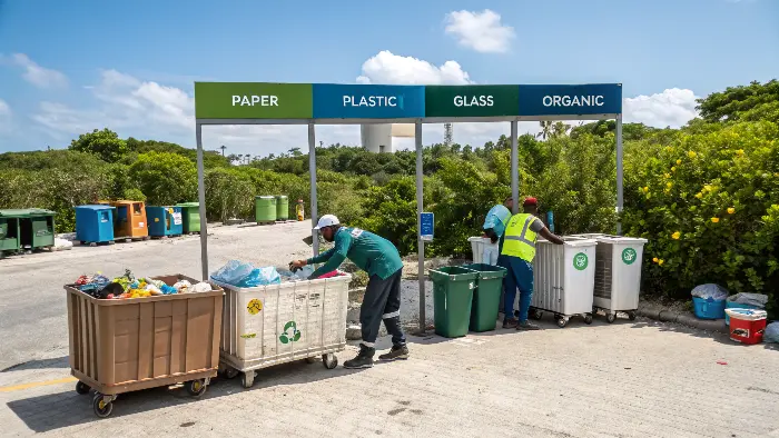 A person sorting different types of waste into labeled bins for recycling and composting.