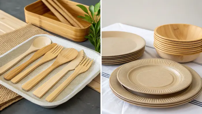 A side-by-side comparison of a bamboo plate and a plastic plate