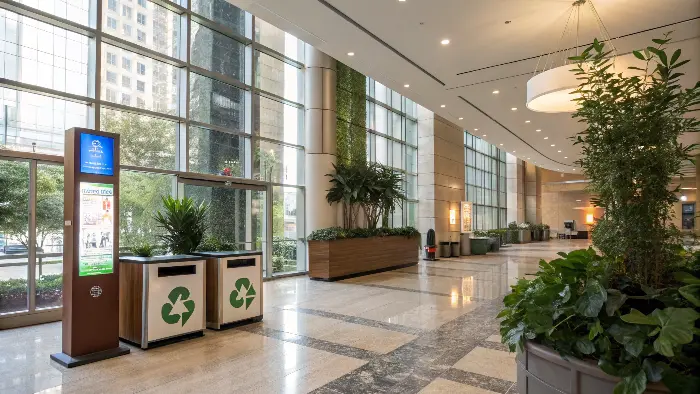 green hotel exterior with solar panels