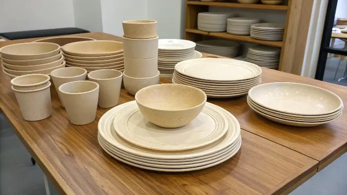 A cohesive collection of eco-friendly tableware on a wooden table