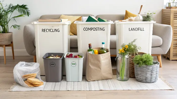 A person mindfully choosing a product with eco-friendly packaging in a supermarket.