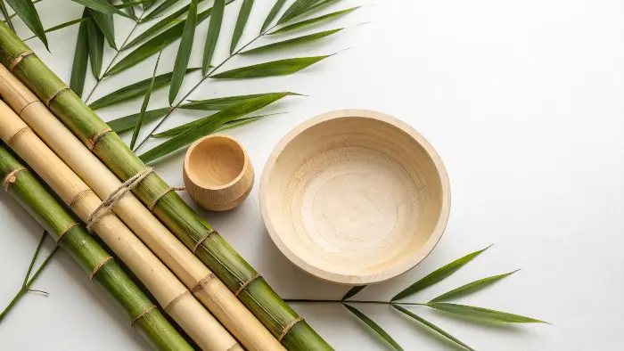 A split image showing raw bamboo stalks and a finished reusable bamboo plate