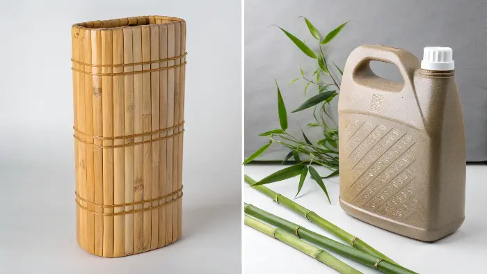 A graphic showing risk icons for plastic vs. bamboo tableware