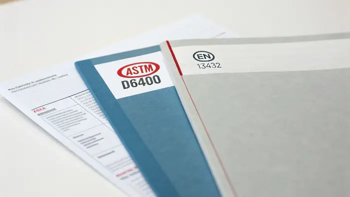 Side-by-side comparison graphic of ASTM D6400 and EN 13432 features