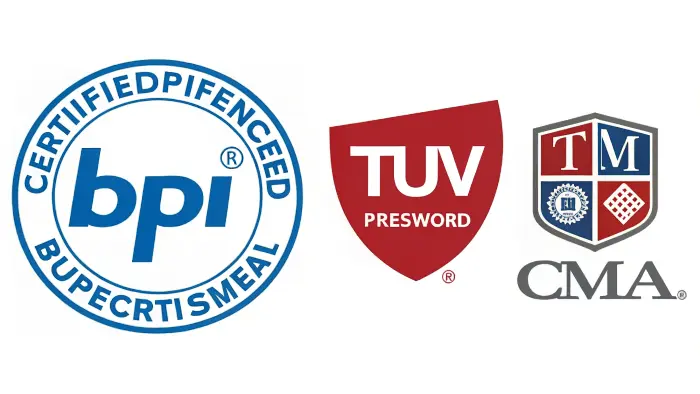 Logos of BPI, TUV Austria (OK compost), and CMA