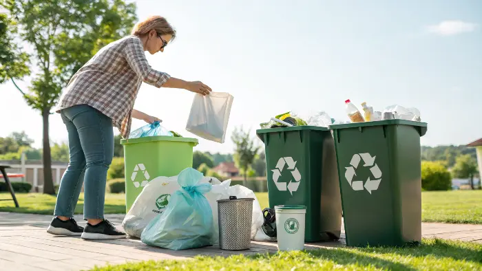 A well-organized home recycling station with separate bins for paper, plastic, and glass.