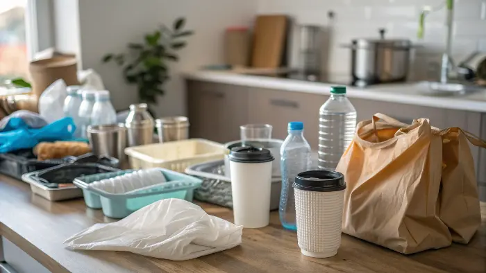 A person looking into their kitchen trash bin with a notepad, conducting a simple waste audit.